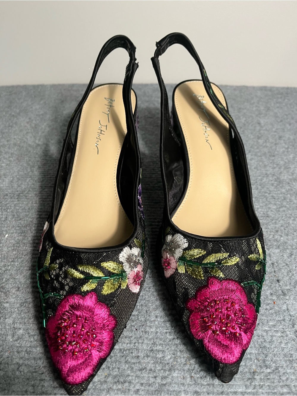 Betsey Johnson Black Slingback Flats with Pink Floral Embroidery